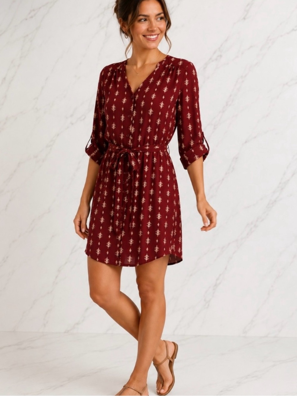 41 Hawthorn Burgandy Red Shirt Dress Button Front Roll Tab Sleeves Belted Sz L